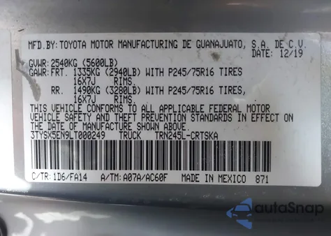 2020 Toyota Tacoma Sr из США, поврежденный, VIN 3TYSX5EN9LT000249